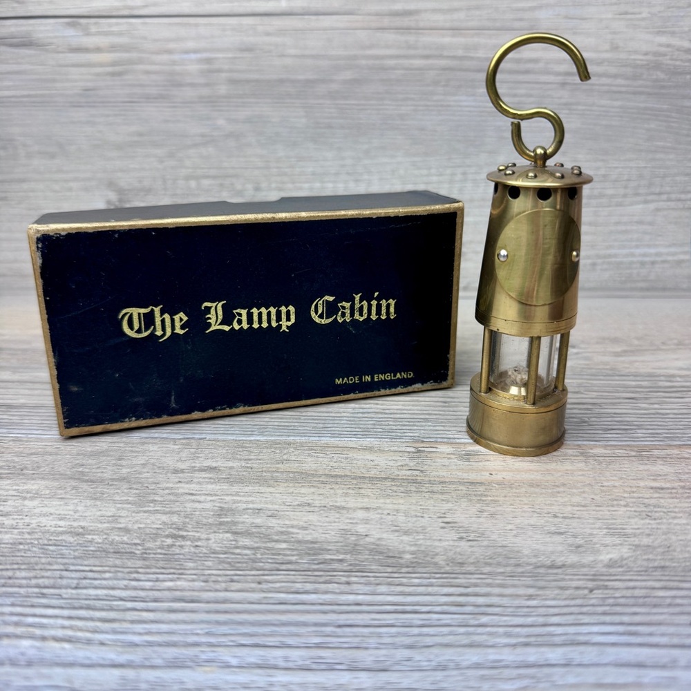Miniature The Lamp Cabin solid brass miner lantern with brass hook glass globe.
